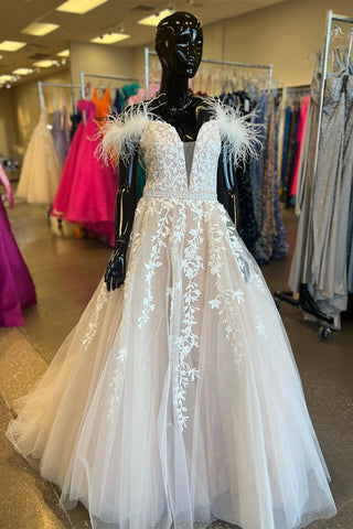 Off Shoulder V Neck Champagne Lace Long Prom Dress with Belt, Champagne Lace Formal Dress, Champagne Evening Dress A1795