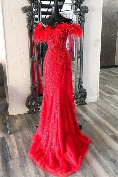 Off Shoulder V Neck Mermaid Red Lace Long Prom Dress with High Slit, Mermaid Red Formal Dress, Red Lace Evening Dress A1743