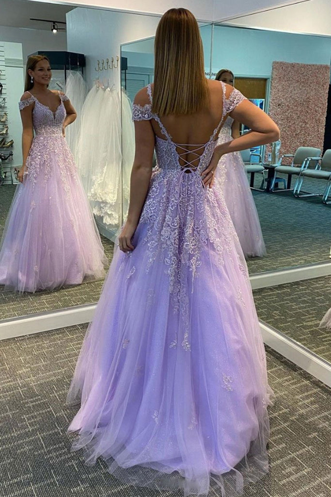 Off Shoulder V Neck Purple Lace Long Prom Dress, Off Shoulder Purple Formal Dress, Purple Lace Evening Dress