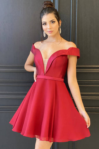 Off Shoulder V Neck Red Short Prom Dress, Off the Shoulder Red Homecoming Dress, Short Red Formal Evening Dress A1654