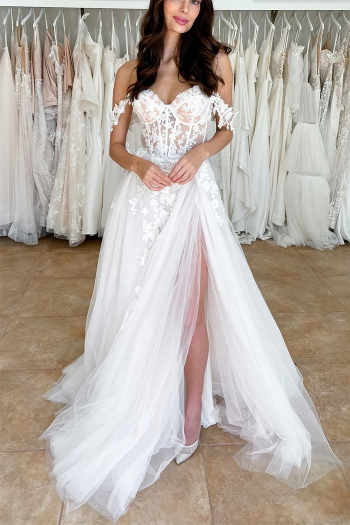 ivory color prom dress Off Shoulder White Lace Long Prom Dress with High Slit, Ivory Lace Formal Evening Dress, White Lace Wedding Dress A1822
