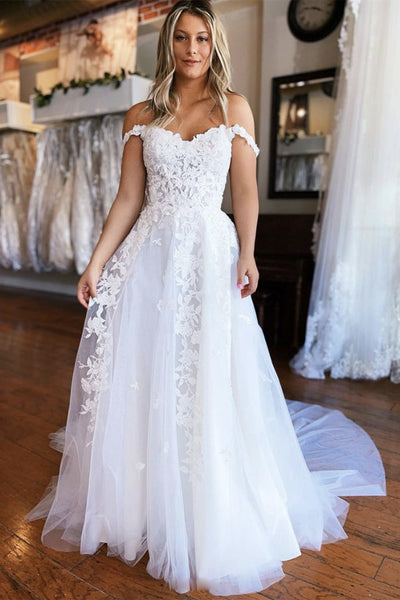 Off Shoulder White Lace Tulle Long Prom Dress, Off the Shoulder White Wedding Dress, White Lace Formal Evening Dress A1393