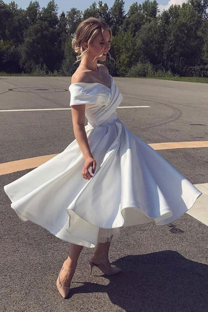 Off Shoulder White Satin Tea Length Prom Dress, Short White Formal Gra – abcprom Off Shoulder White Satin Tea Length Prom Dress, Short White Formal Gra – abcprom