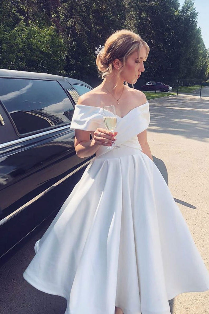 Off Shoulder White Satin Tea Length Prom Dress, Short White Formal Gra abcprom Off Shoulder White Satin Tea Length Prom Dress, Short White Formal Gra abcprom