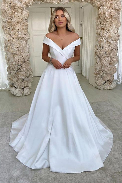 Off Shoulder White Satin Long Prom Dress, Off the Shoulder Formal Dress, White Evening Dress A1783