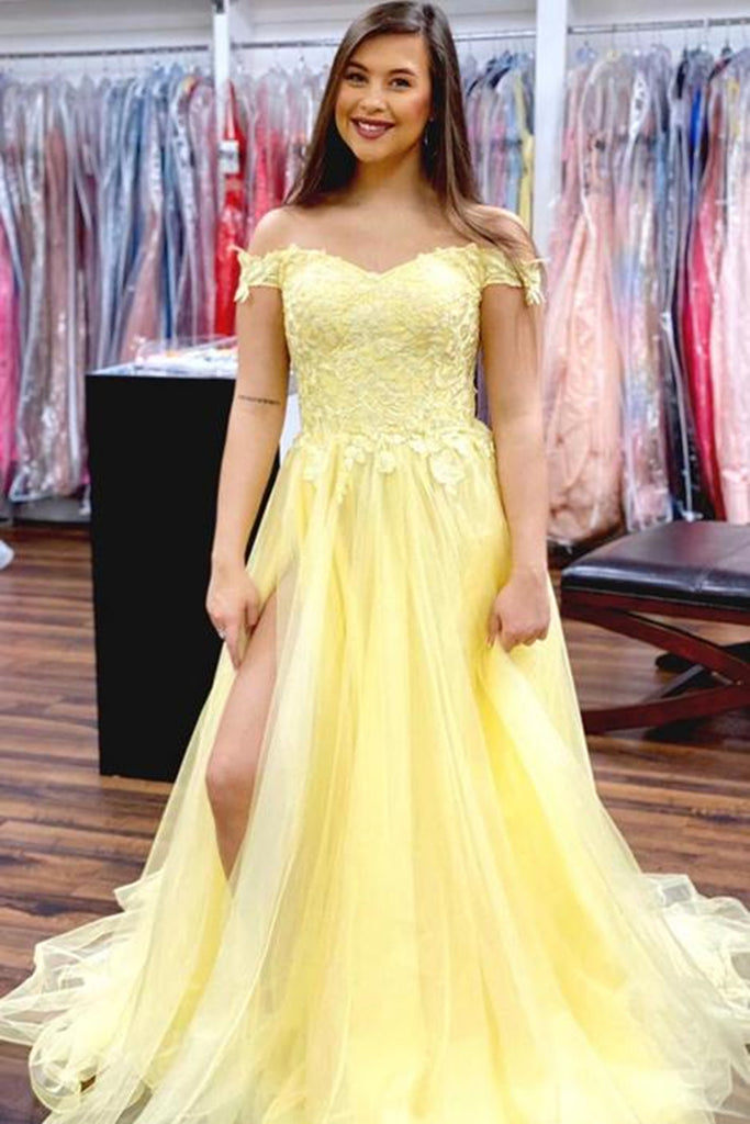 Off Shoulder Yellow Lace Long Prom Dress with High Slit, Off the Shoulder Yellow Formal Dress, Yellow Lace Evening Dress
