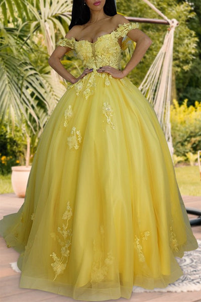Off Shoulder Yellow Lace Tulle Long Prom Dress, Yellow Lace Formal Dress, Yellow Evening Dress A1459