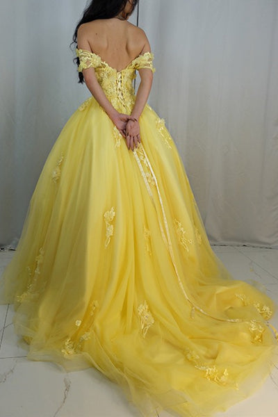 Off Shoulder Yellow Lace Tulle Long Prom Dress, Yellow Lace Formal Dress, Yellow Evening Dress A1459