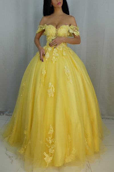 Off Shoulder Yellow Lace Tulle Long Prom Dress, Yellow Lace Formal Dress, Yellow Evening Dress A1459