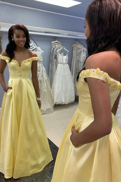 Simple Two Pieces Yellow Satin Long Prom Dresses with Pocket, 2 Pieces Yellow Formal Graduation Evening Dresses EP1478