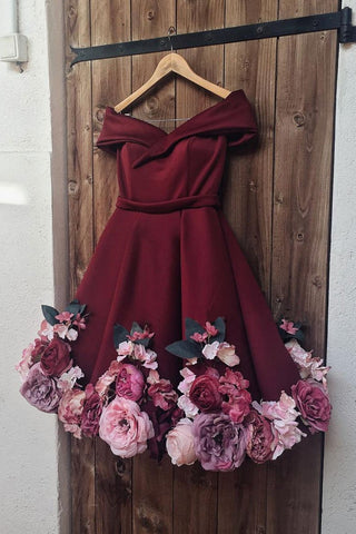 Off Shoulder 3D Flowers Burgundy Homecoming Dresses Short Prom Dresses with Appliques, Off Shoulder Burgundy Graduation Dresses, Formal Dresses