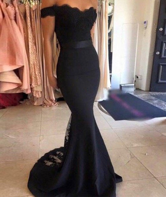 Off Shoulder Black Lace Prom Dresses, Black Lace Bridesmaid Dresses