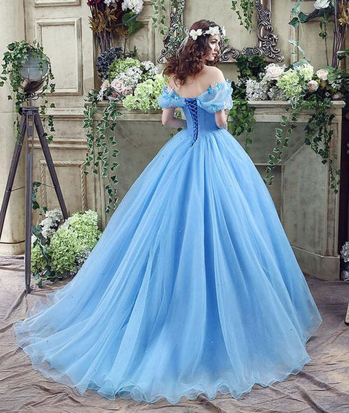 Off Shoulder Blue Tulle Long Prom Dress with Butterfly, Off Shoulder Blue Ball Gown, Blue Evening Dress