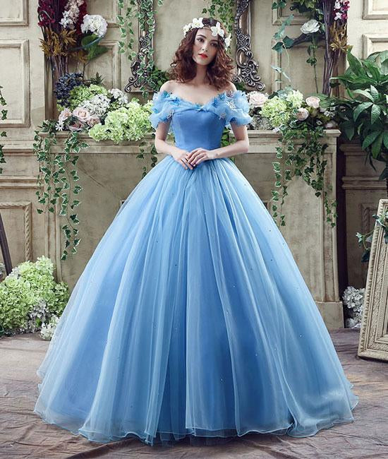 Off Shoulder Blue Tulle Long Prom Dress with Butterfly, Off Shoulder Blue Ball Gown, Blue Evening Dress