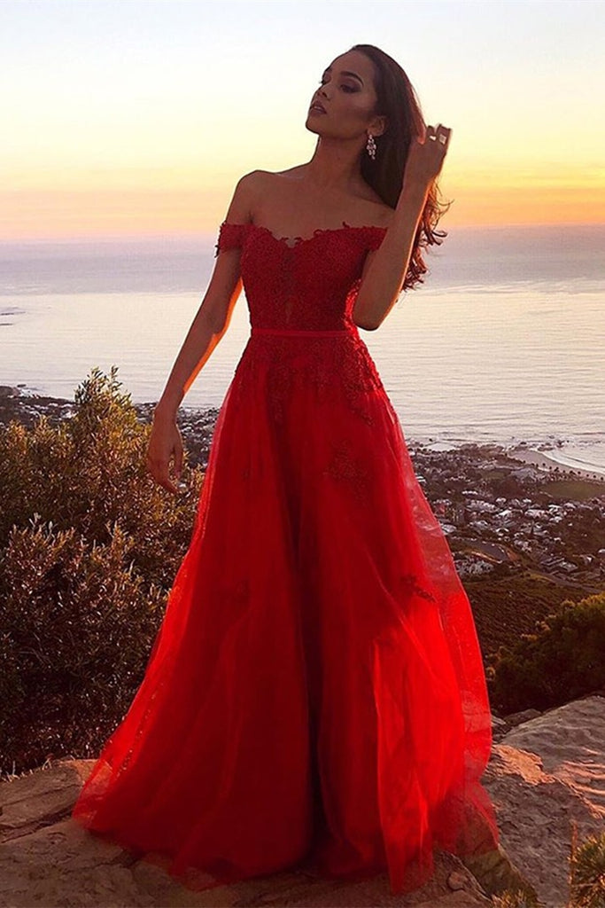 Off the shoulder store long evening dress