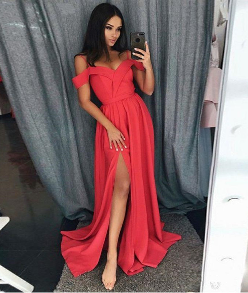 Off Shoulder Chiffon Red Blue Long Prom Dresses with Leg Slit Red