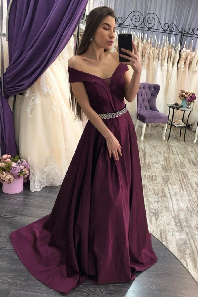 Off Shoulder Grape Purple Long Prom Dress with Beaded Belt, Off the Shoulder purple Formal Graduation Evening Dress