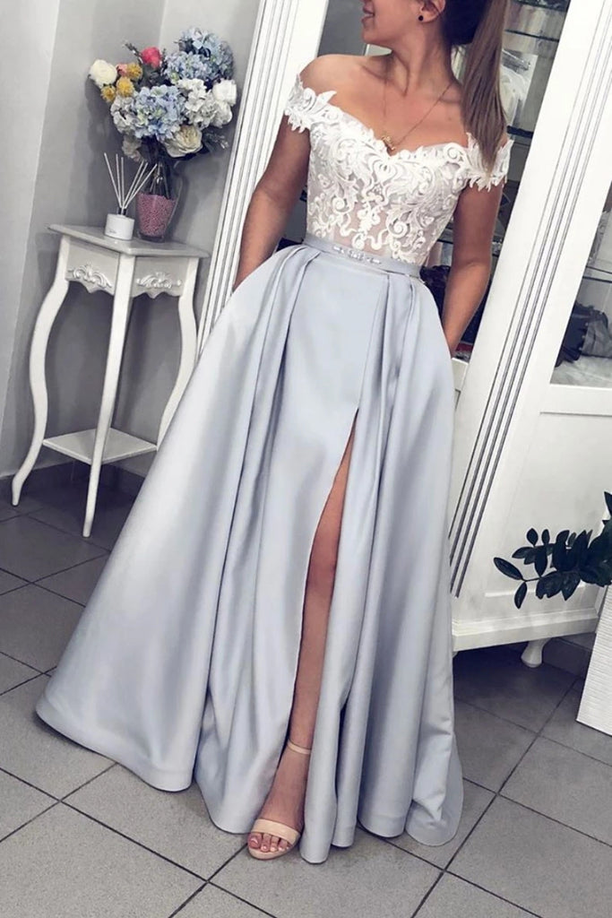 Off Shoulder Lace Gray Long Prom Dress with Slit, Off the Shoulder Lace Gray Formal Graduation Evening Dress