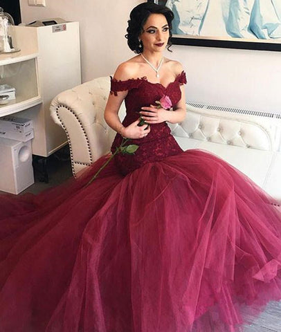 Off Shoulder Mermaid Lace Burgundy Long Prom Dress, Mermaid Burgundy Formal Dress, Ball Gown, Evening Dress