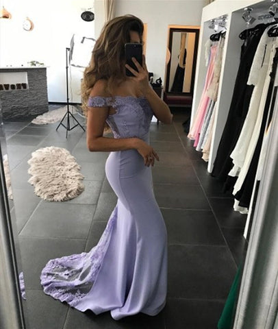 Off Shoulder Mermaid Lavender Lace Prom Dresses, Purple Lace Bridesmaid Dresses, Purple Graduation Dresses