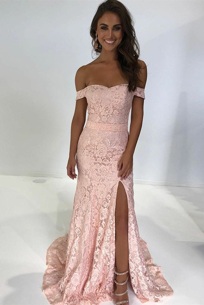 Off Shoulder Mermaid Pink Lace Long Prom Dress with Slit, Off the Shoulder Pink Lace Formal Dress, Mermaid Lace Pink Evening Dress