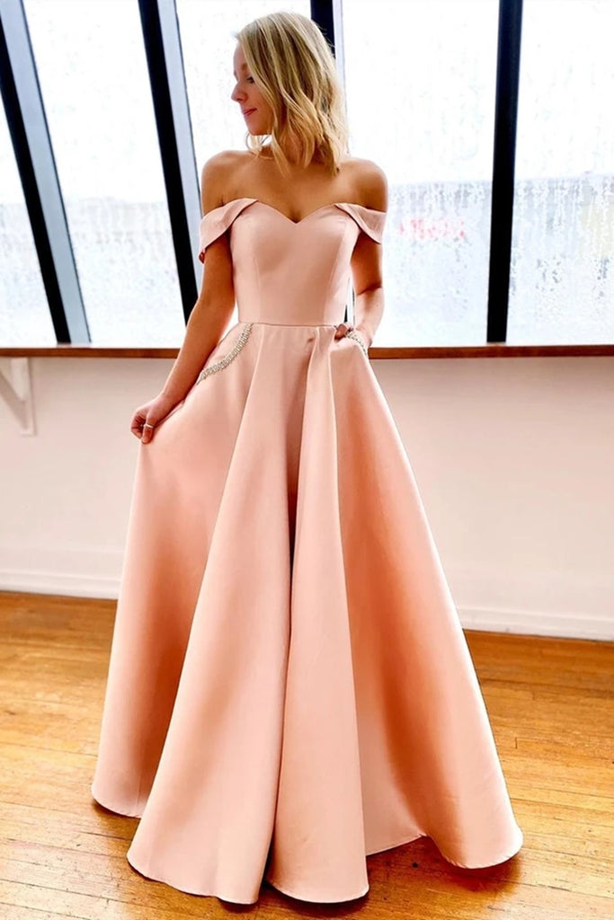 Off Shoulder Pink Satin Long Prom Dress with Pockets, Off the Shoulder Pink Formal Graduation Evening Dress