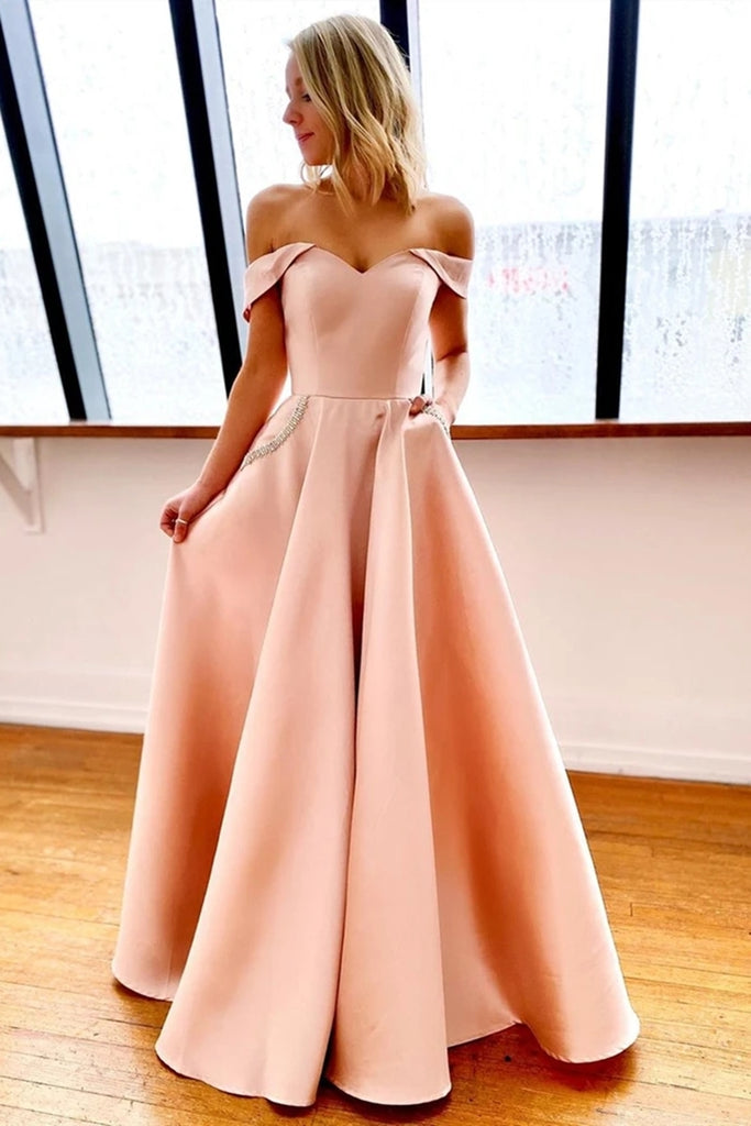 Off Shoulder Pink Satin Long Prom Dress with Pockets, Off the Shoulder abcprom Off Shoulder Pink Satin Long Prom Dress with Pockets, Off the Shoulder abcprom