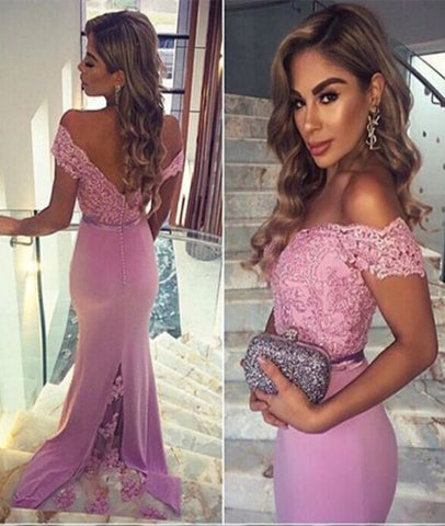 Off Shoulder Sweetheart Neck Mermaid Pink Lace Prom Dresses, Pink Lace Formal Dresses, Off Shoulder Bridesmaid Dresses