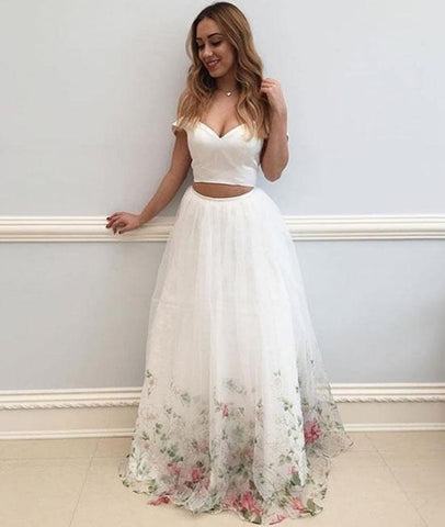 Off Shoulder Two Pieces 3D Flower Lace White Prom Dresses with Appliques, White Two Pieces Formal Dresses, Evening Dresses