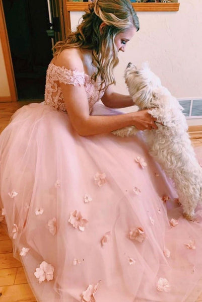 Off Shoulder Two Pieces Floral Pink Lace Wedding Dress, 2 Pieces Lace Pink Prom Dress, Pink Formal Dress