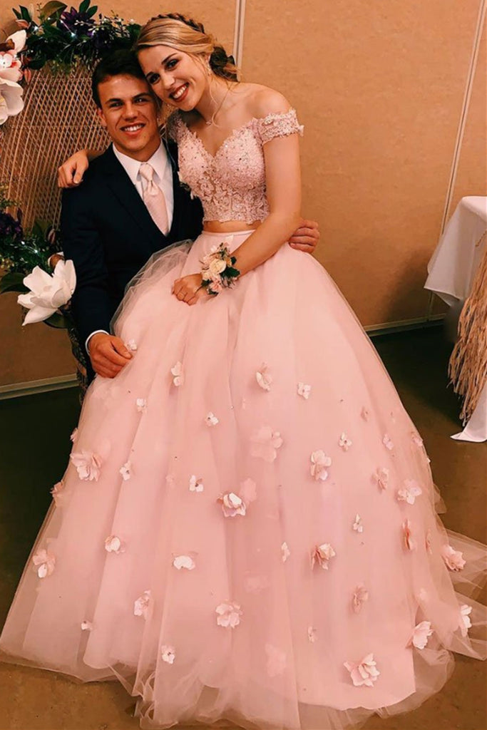 Off Shoulder Two Pieces Floral Pink Lace Wedding Dress, 2 Pieces Lace Pink Prom Dress, Pink Formal Dress