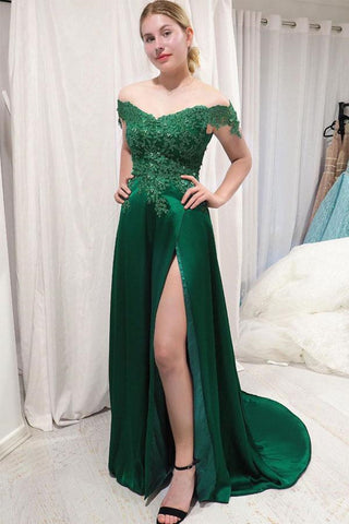 Off Shoulder Two Pieces Lace Top Green Long Prom Dress with Split, Two Pieces Off Shoulder Lace Green Bridesmaid Dress, Off Shoulder Lace Green Formal Graduation Evening Dress