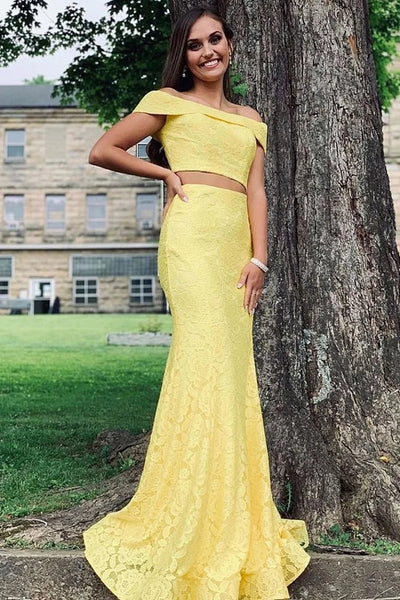 Off Shoulder Two Pieces Mermaid Lace Yellow Long Prom Dress, Off Shoulder Mermaid Yellow Lace Formal Graduation Evening Dress