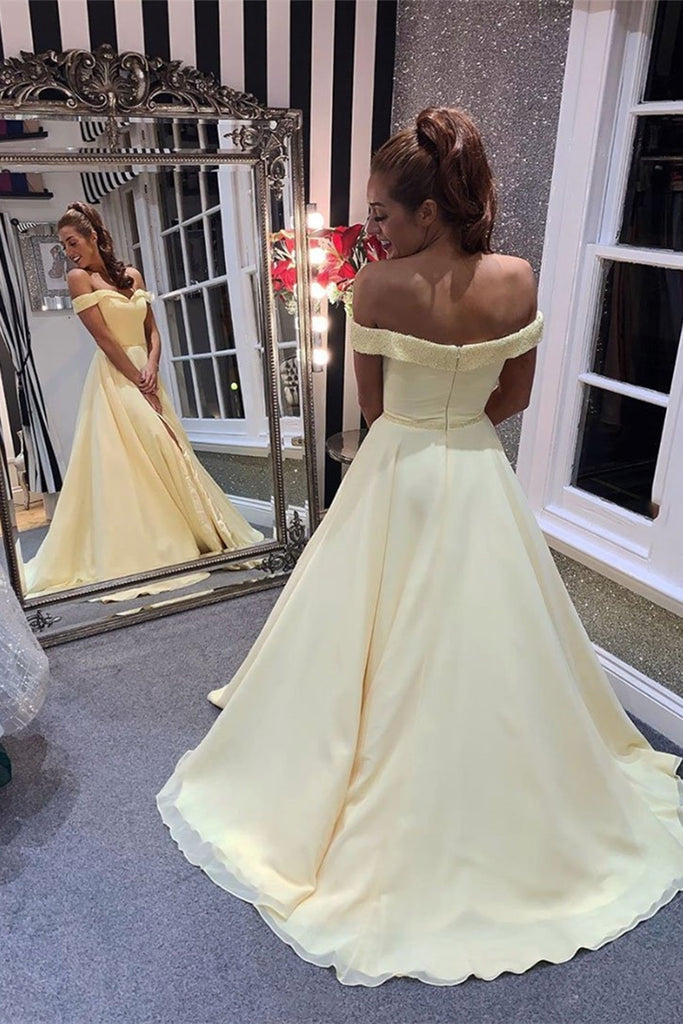 Off Shoulder Yellow Chiffon Long Prom Dress with Beads, Off the Should abcprom Off Shoulder Yellow Chiffon Long Prom Dress with Beads, Off the Should abcprom