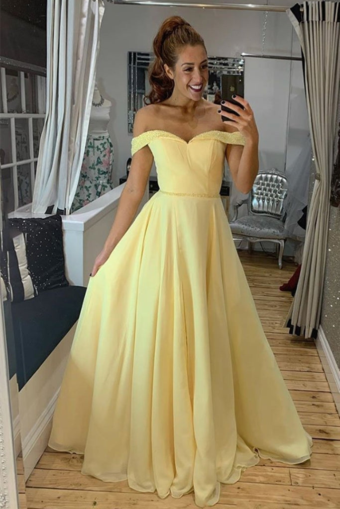 Off Shoulder Yellow Chiffon Long Prom Dress with Beads, Off the Shoulder Yellow Formal Graduation Evening Dress