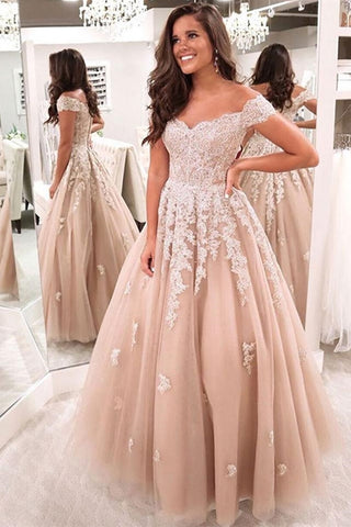 Off the Shoulder Champagne Lace Long Prom Dress, Off Shoulder Champagne Formal Dress, Champagne Lace Evening Dress