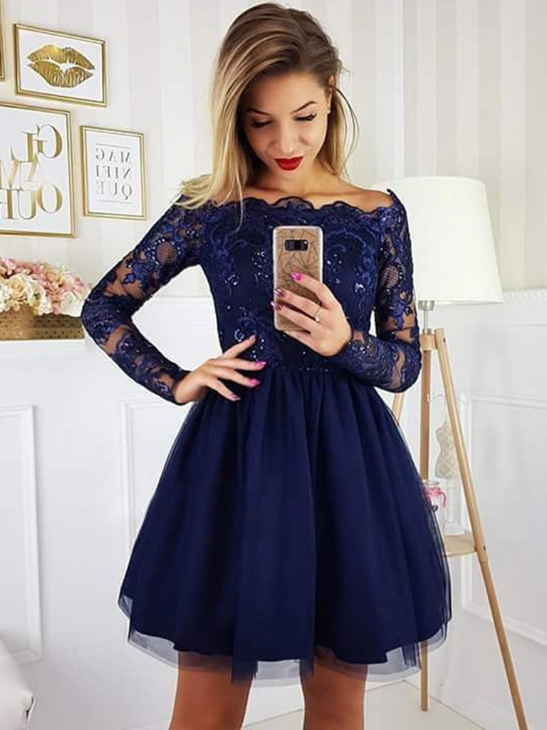 Off the Shoulder Long Sleeves Lace Navy Blue Short Prom Dresses