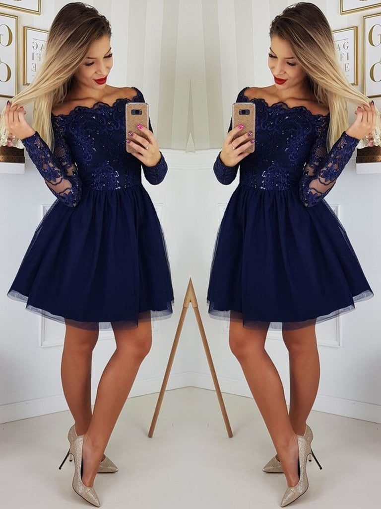 Off the Shoulder Long Sleeves Lace Navy Blue Short Prom Dresses Homecoming Dresses, Long Sleeves Blue Formal Graduation Evening Dresses