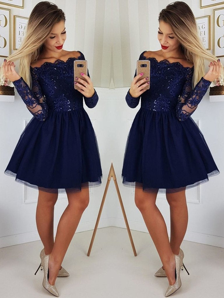 Off the Shoulder Long Sleeves Lace Navy Blue Short Prom Dresses Homeco abcprom Off the Shoulder Long Sleeves Lace Navy Blue Short Prom Dresses Homeco abcprom