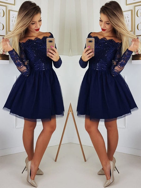 Off the Shoulder Long Sleeves Lace Navy Blue Short Prom Dresses Homecoming Dresses, Long Sleeves Blue Formal Graduation Evening Dresses