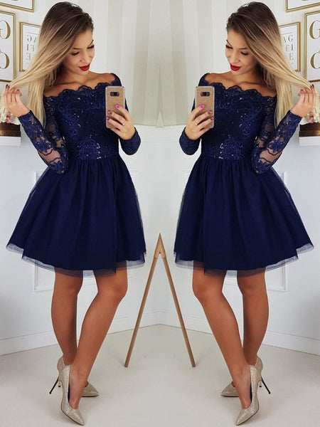 Off the Shoulder Long Sleeves Lace Navy Blue Short Prom Dresses Homecoming Dresses, Long Sleeves Blue Formal Graduation Evening Dresses