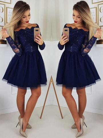 Off the Shoulder Long Sleeves Lace Navy Blue Short Prom Dresses Homecoming Dresses Long Sleeves Blue Formal Graduation Evening Dresses