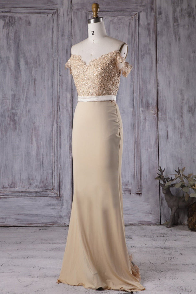 Off the Shoulder Mermaid Champagne Lace Long Prom Dress, Off Shoulder abcprom Off the Shoulder Mermaid Champagne Lace Long Prom Dress, Off Shoulder abcprom