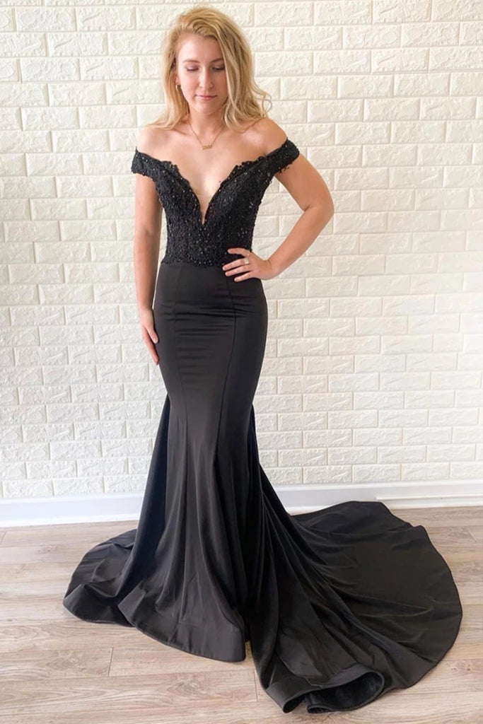 Off the Shoulder Mermaid Lace Black Long Prom Dress with Train, Off Shoulder Mermaid Black Formal Dress, Mermaid Black Lace Evening Dress