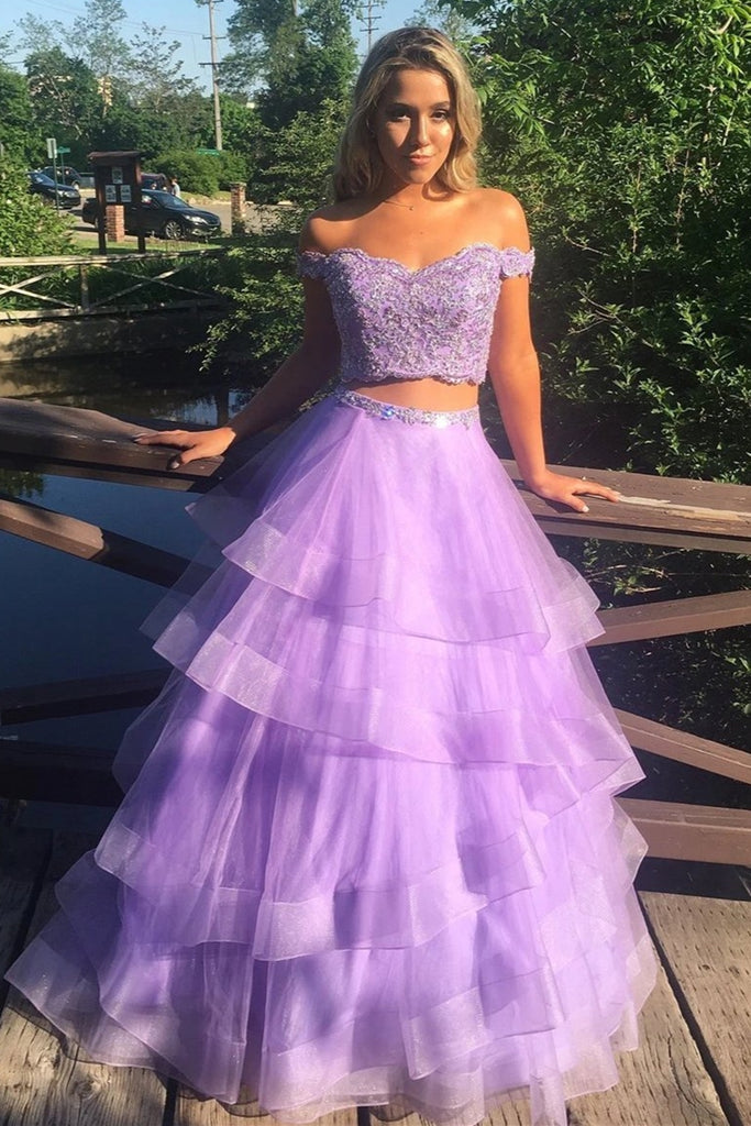 Off the Shoulder Two Pieces Lavender Lace Long Prom Dress, Off Shoulder Lavender Lace Formal Dress, Two Pieces Lavender Lace Evening Dress, Lavender Ball Gown