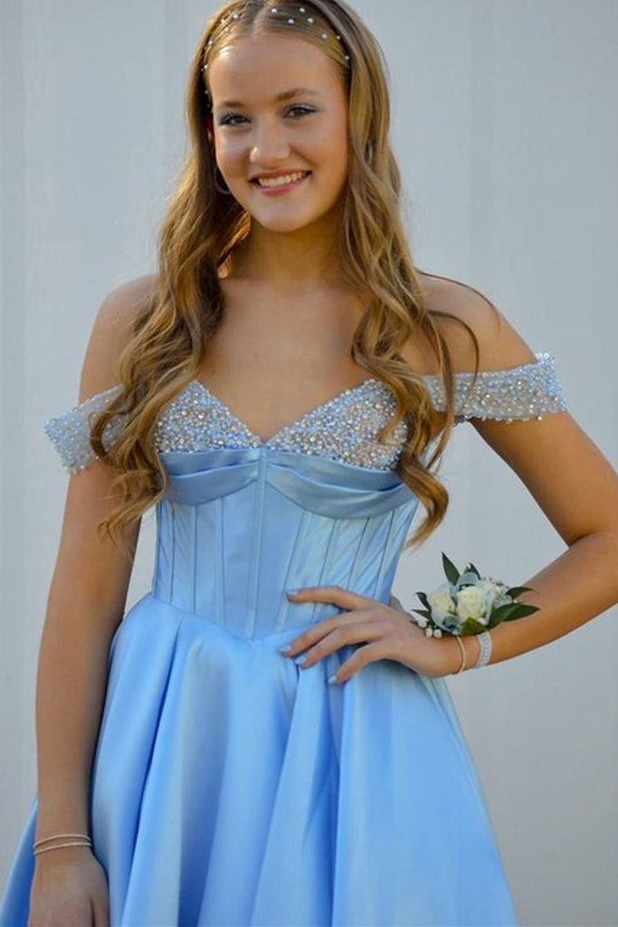 Off the Shoulder Beaded Light Blue Satin Long Prom Dresses, Light Blue – abcprom Off the Shoulder Beaded Light Blue Satin Long Prom Dresses, Light Blue – abcprom