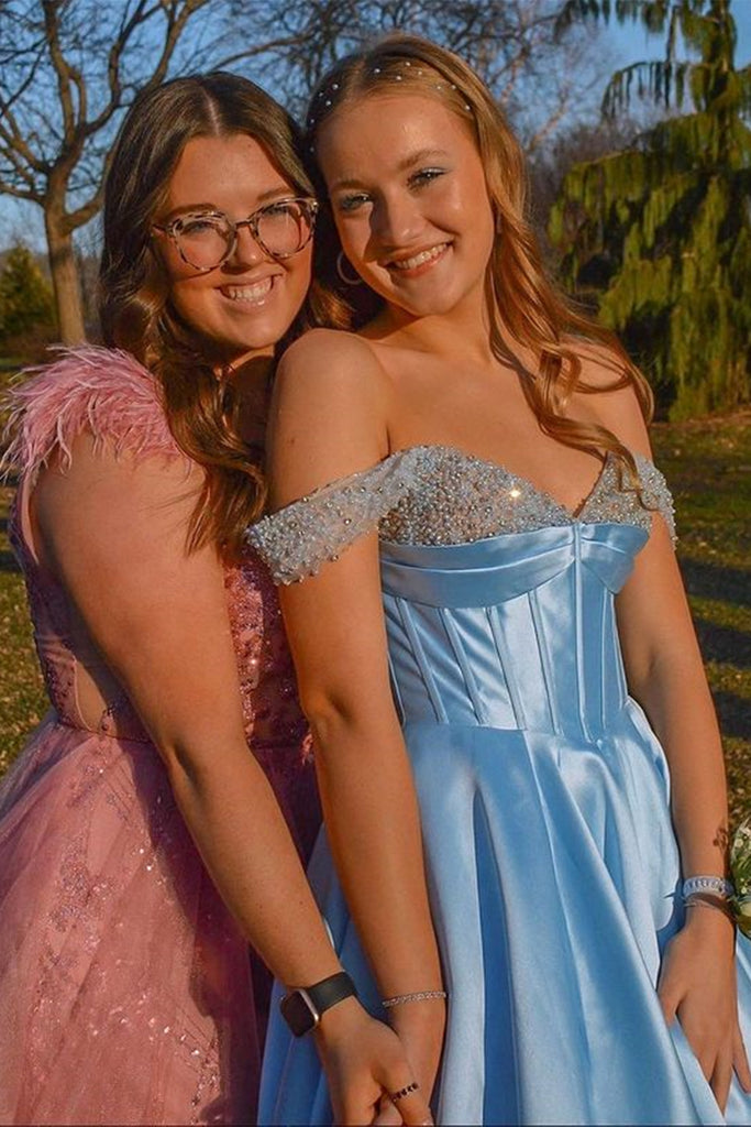Off the Shoulder Beaded Light Blue Satin Long Prom Dresses, Light Blue abcprom Off the Shoulder Beaded Light Blue Satin Long Prom Dresses, Light Blue abcprom