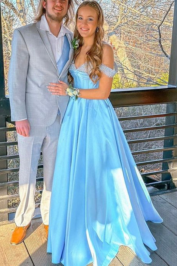 Off the Shoulder Beaded Light Blue Satin Long Prom Dresses, Light Blue abcprom Off the Shoulder Beaded Light Blue Satin Long Prom Dresses, Light Blue abcprom