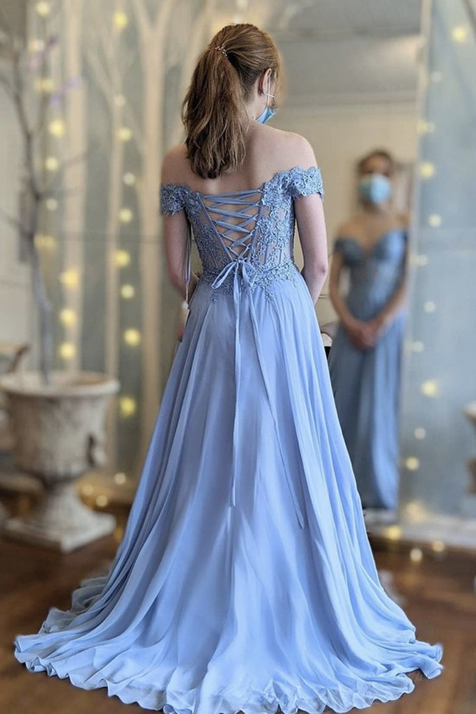 Off the Shoulder Blue Lace Long Prom Dress, Off Shoulder Blue Formal Dress, Blue Lace Evening Dress