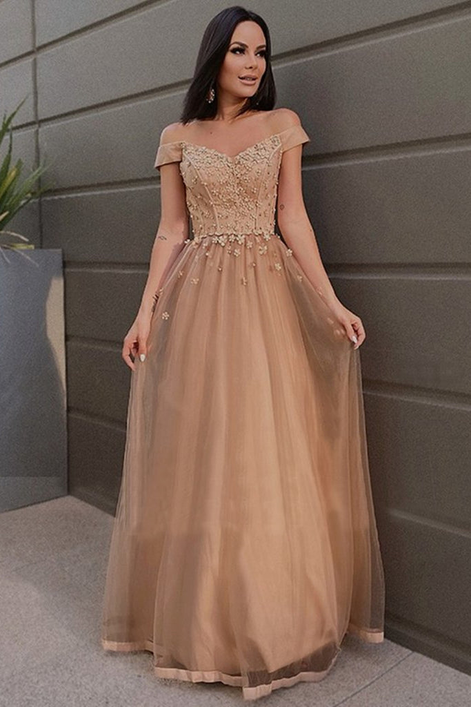 Off the Shoulder Champagne Lace Floral Prom Dress, Off Shoulder Champa – abcprom
